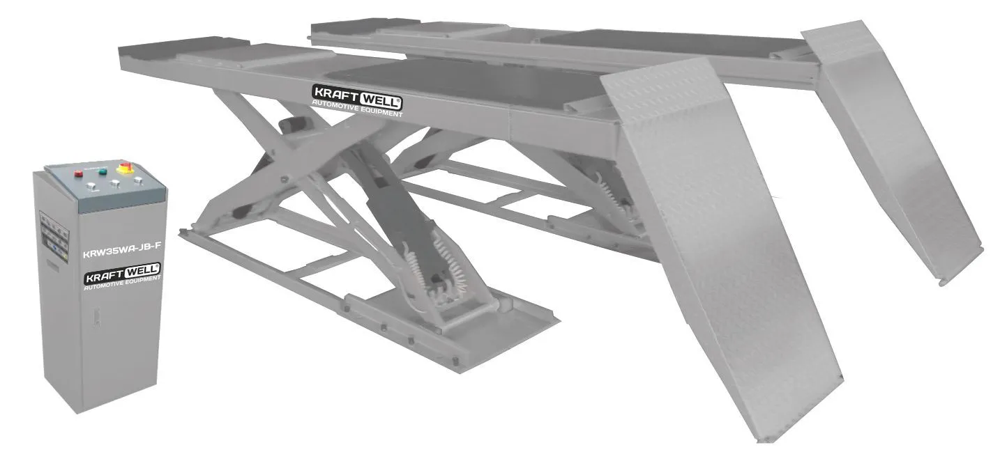 Электрогидравлический подъемник KraftWell KRW35WA-JB-F Подъемник ножничный г/п 3500 кг. напольный, платформы для сход-развала