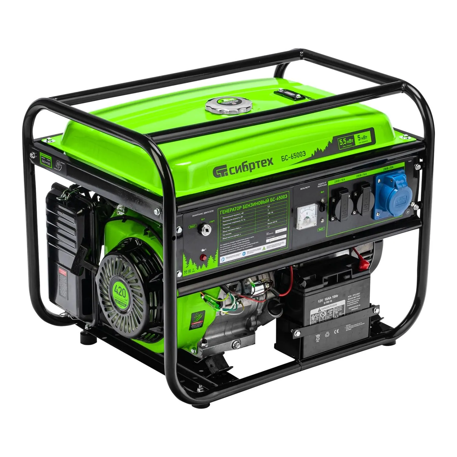 Генератор бензиновый БС-6500Э, 5.5 кВт, 230В, четырехтактный, 25 л, электростартер Сибртех купить